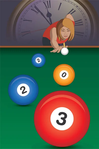 2023 Happy New Year Concept Female Billiards Player Taking Aim — Stock vektor