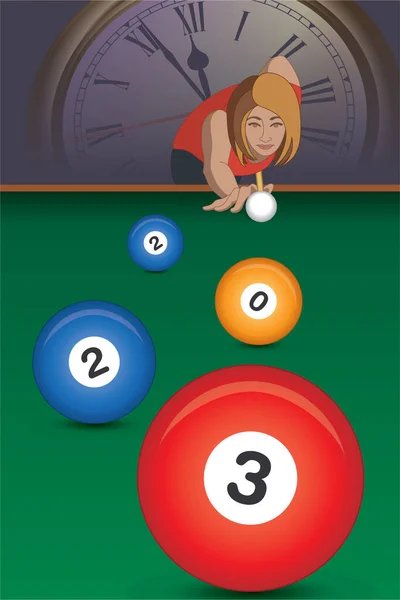 2023 Happy New Year Concept Female Billiards Player Taking Aim — Vector de stock