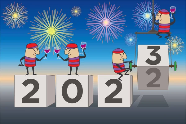 2023 Happy New Year Concept Cartoon Characters Turning Block Replacing —  Vetores de Stock