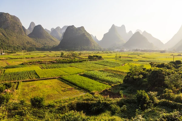 Morning sun over valley with limestone rock formations — Stock Photo, Image