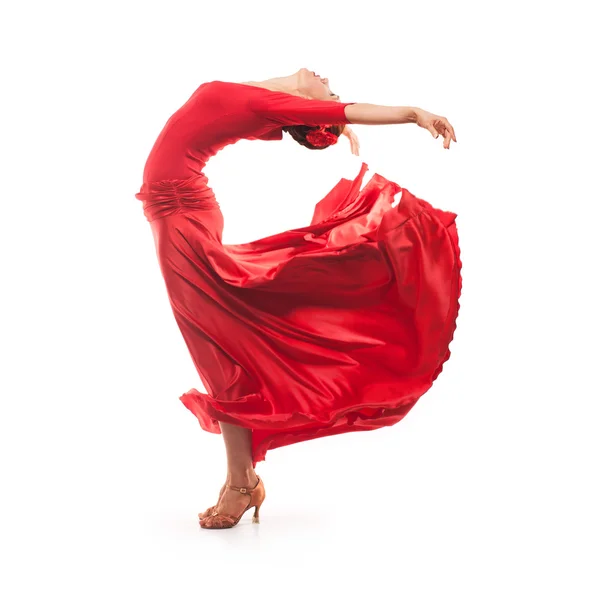 Kırmızı elbise giyen kadın dansçı — Stok fotoğraf