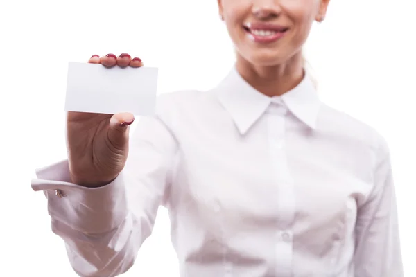 Mujer de negocios mostrando letrero en blanco — Foto de Stock