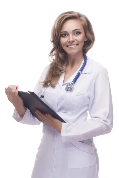 Portrait of cheerful female doctor with clipboard — Stock Photo, Image