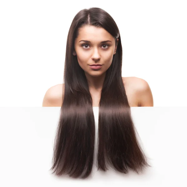 Retrato de mujer con pizarra blanca en blanco — Foto de Stock