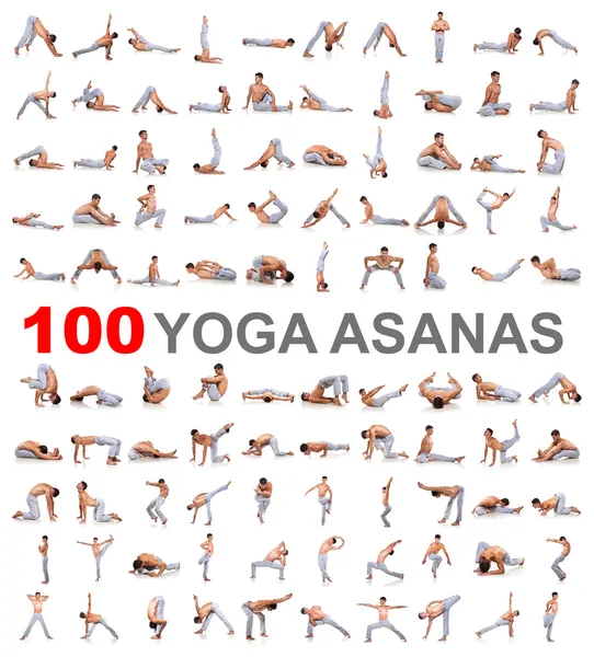 100 поз йоги на белом фоне — стоковое фото