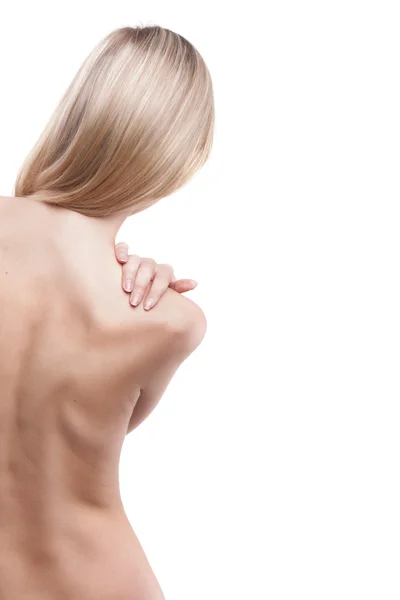 Mujer con dolor de espalda por detrás, cuerpo desnudo . — Foto de Stock