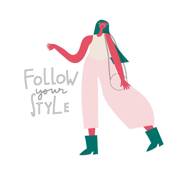 Vector cartoon character fashion girl and handwritten quote
