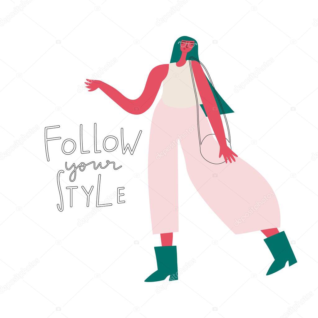 Vector cartoon character fashion girl and handwritten quote
