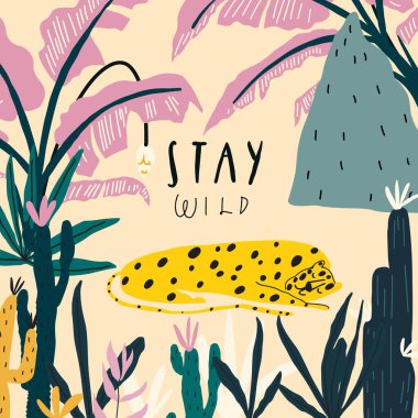 Uyuyan leopar, egzotik bitkiler, orman yaprakları.