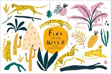 Vektör doodle tarzı safari teması çizimleri ayarlandı