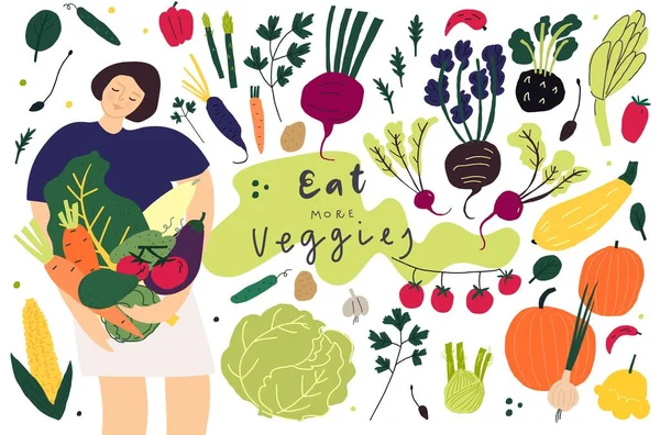 Coleção de objetos vetoriais. Mulher com vegetais. Alimentos orgânicos e vegetarianos — Vetor de Stock