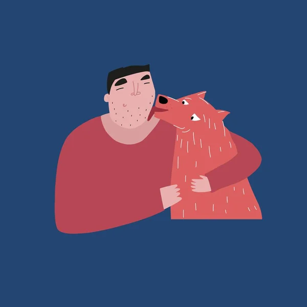 Hombre feliz con el perro Dibujo vectorial El perro lame la mejilla del dueño — Vector de stock