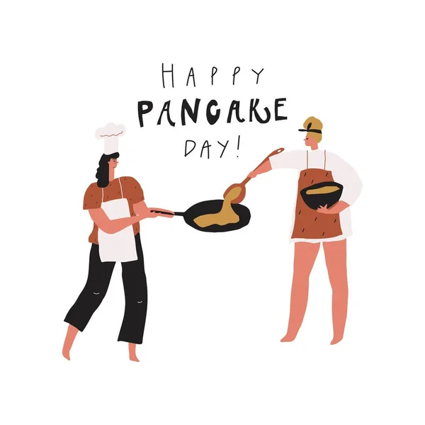 Vector people making pancakes. Hand drawn image and text: happy pancake day — 图库矢量图片