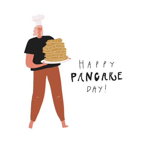 Woman chef with stack of pancakes. Hand drawn image and text: happy pancake day — 图库矢量图片