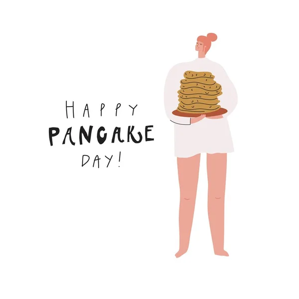 Woman with stack of pancakes. Hand drawn image and text: happy pancake day — 图库矢量图片