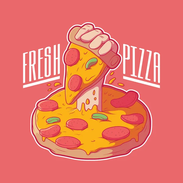 Ręka Wychodząca Pizzy Trzymająca Ilustrację Wektora Jedzenie Marka Zabawny Design — Wektor stockowy