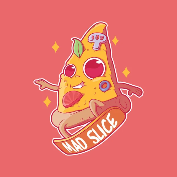 Personagem Fatia Pizza Montando Uma Ilustração Vetorial Placa Entrega Comida — Vetor de Stock