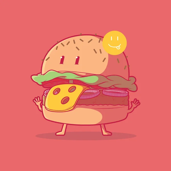 Ilustrasi Vektor Karakter Burger Konyol Konsep Desain Iklan Makanan Lucu - Stok Vektor
