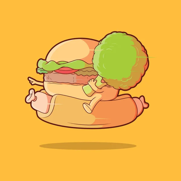 Burger Memegang Brokoli Mengendarai Gambar Vektor Hot Dog Makanan Merek - Stok Vektor