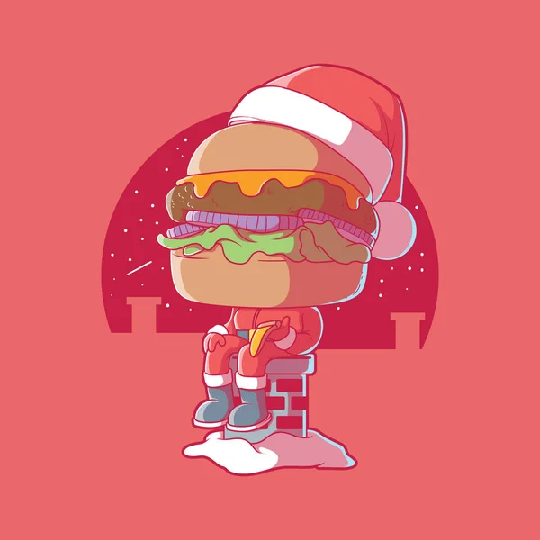 Santa Burger Comendo Pizza Uma Ilustração Vetor Chaminé Comida Engraçado — Vetor de Stock