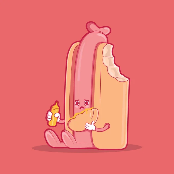 Smutny Hot Dog Klejąc Się Wektor Ilustracji Jedzenie Zabawna Koncepcja — Wektor stockowy