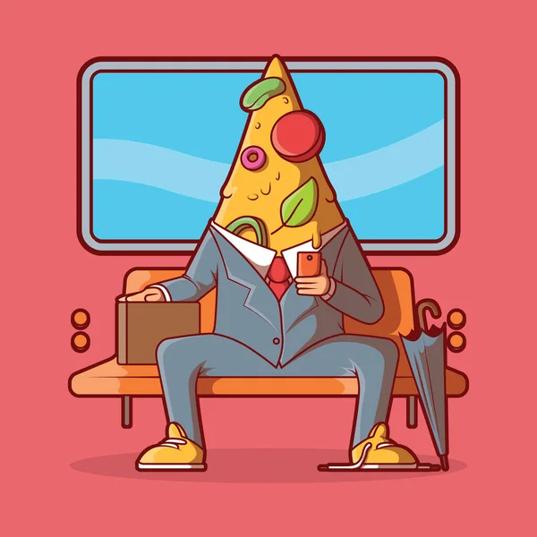 Pizza Slice Riding Subway Vector Illustration Food Funny Work Design — Wektor stockowy