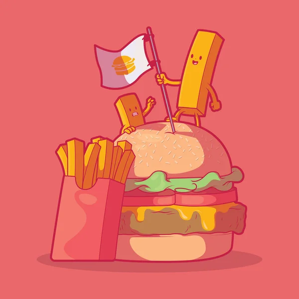 Patatine Fritte Che Scalano Hamburger Vettoriale Illustrazione Cibo Divertente Concetto — Vettoriale Stock