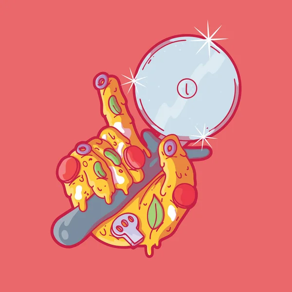 Pizza Hand Met Een Pizza Snijder Vector Illustratie Eten Grappig — Stockvector