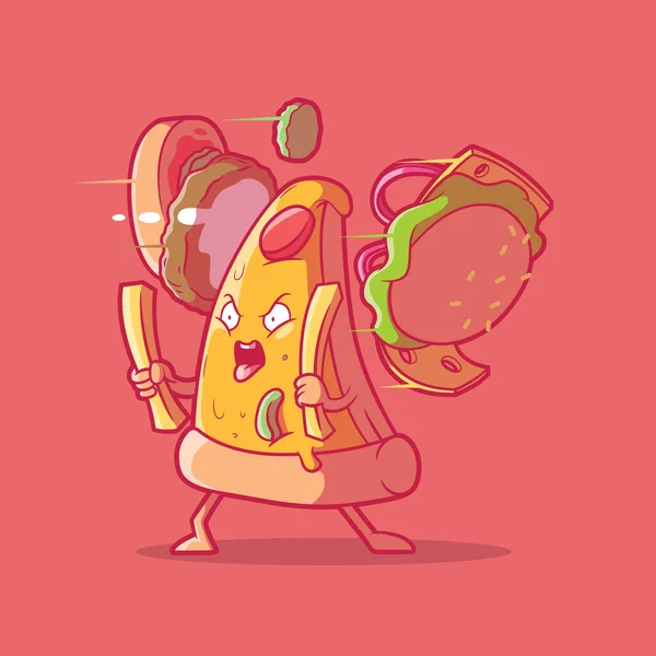 愤怒的比萨片切碎了一个汉堡包向量图解 吉祥物设计理念 — 图库矢量图片