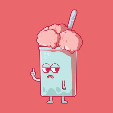 Kötü ruh hali çizimi yapan sevimli dondurma karakteri. Komik, sosyal medya, maskot tasarımı konsepti.