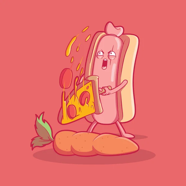 Hot Dog Slicing Carrot Pizza Slice Vector Illustration Food Funny — стоковый вектор