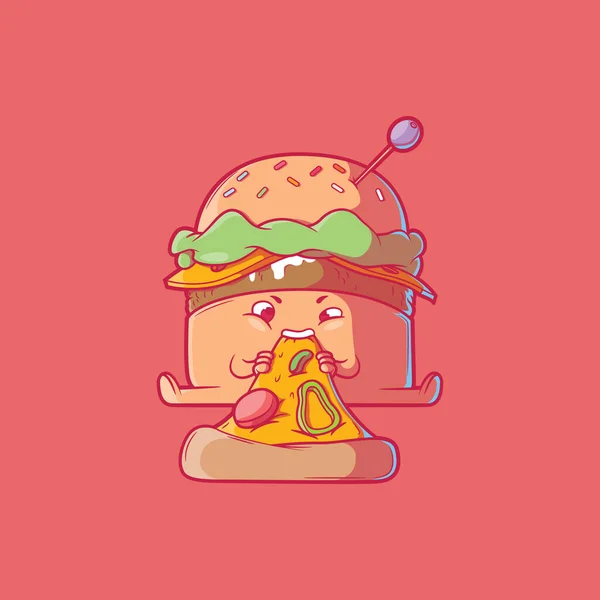 Netter Burger Der Eine Pizzascheiben Vektorillustration Isst Essen Lustig Maskottchen — Stockvektor