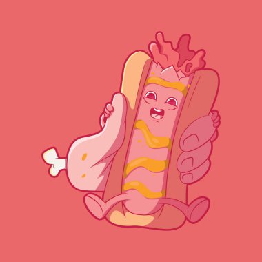 Sosisli sandviç karakteri vektör illüstrasyonuyla sıkıştırılıyor. Yemek, komik, maskot tasarımı konsepti.