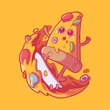 Çizim tahtası üzerinde sörf yapan bir pizza karakteri. Yemek, komik, marka tasarımı konsepti.