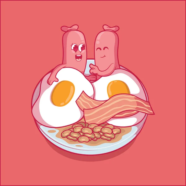 Leuke Engelse Ontbijt Karakters Vector Illustratie Eten Grappige Liefde Ontwerp — Stockvector