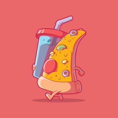 Pizza karakteri elinde fincan vektör çizimi tutuyor. Yemek, komik, marka tasarımı konsepti.