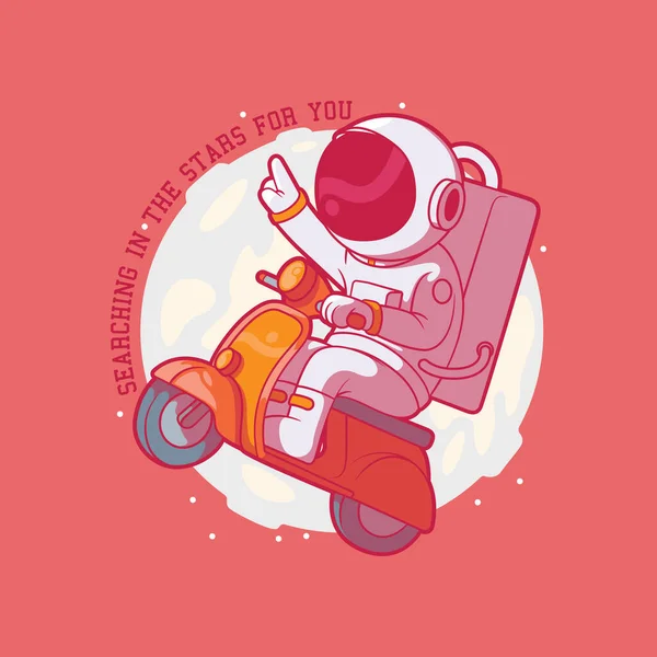 Astronaut Riding Scooter Seeing Moon Vector Illustration Space Travel Inspiration — Archivo Imágenes Vectoriales