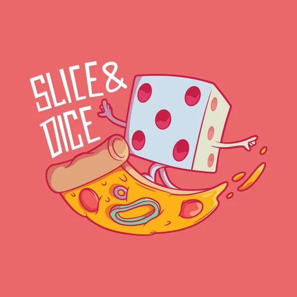 Dice Character Riding Slice Pizza Vector Illustration Food Funny Game — Wektor stockowy