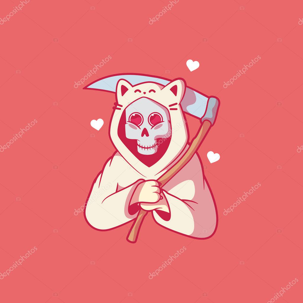 Cute Reaper character dressed as a cat vector illustration. Funny, cosplay, gaming design concept.