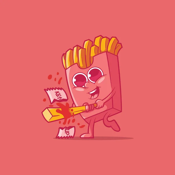 French Fries Character Playing Baseball French Fry Food Funny Brand — ストックベクタ