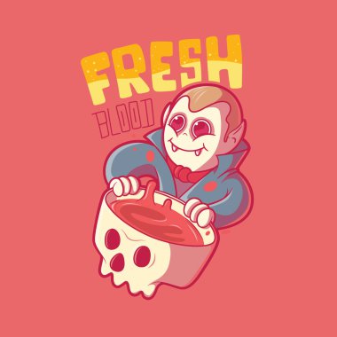 Vampire character holding a skull with blood vector illustration. Scary, funny design concept.