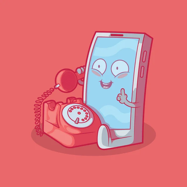 Smartphone Character Using Vintage Phone Vector Illustration Technology Vintage Funny — Archivo Imágenes Vectoriales