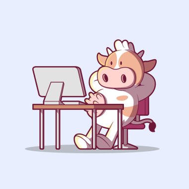 Bir bilgisayar vektör çizimi üzerinde çalışan İnek Karakteri. İş, motivasyon, marka tasarımı konsepti.