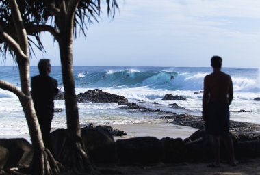 Surfers riding big wave clipart