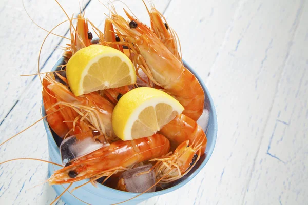 Bucket of king prawns on ice — Stock Photo, Image