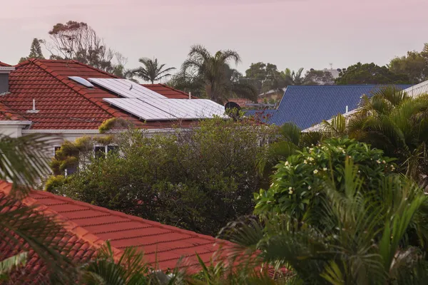 Solar panels at sunset — Stock Photo, Image