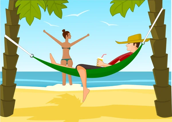 Young man and his girlfriend relaxing on a beach — Stock Vector