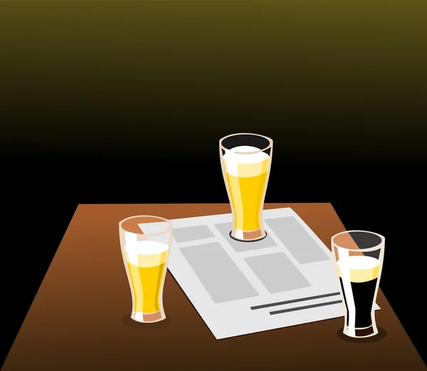 Tres cervezas y periódico en una mesa — Vector de stock