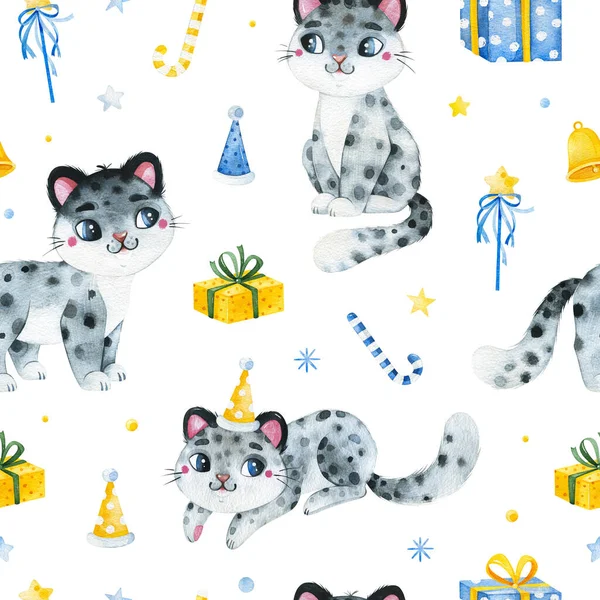 Watercolor seamless texture. Cute winter illustration. Background with snow leopards,gift boxes,christmas decorations