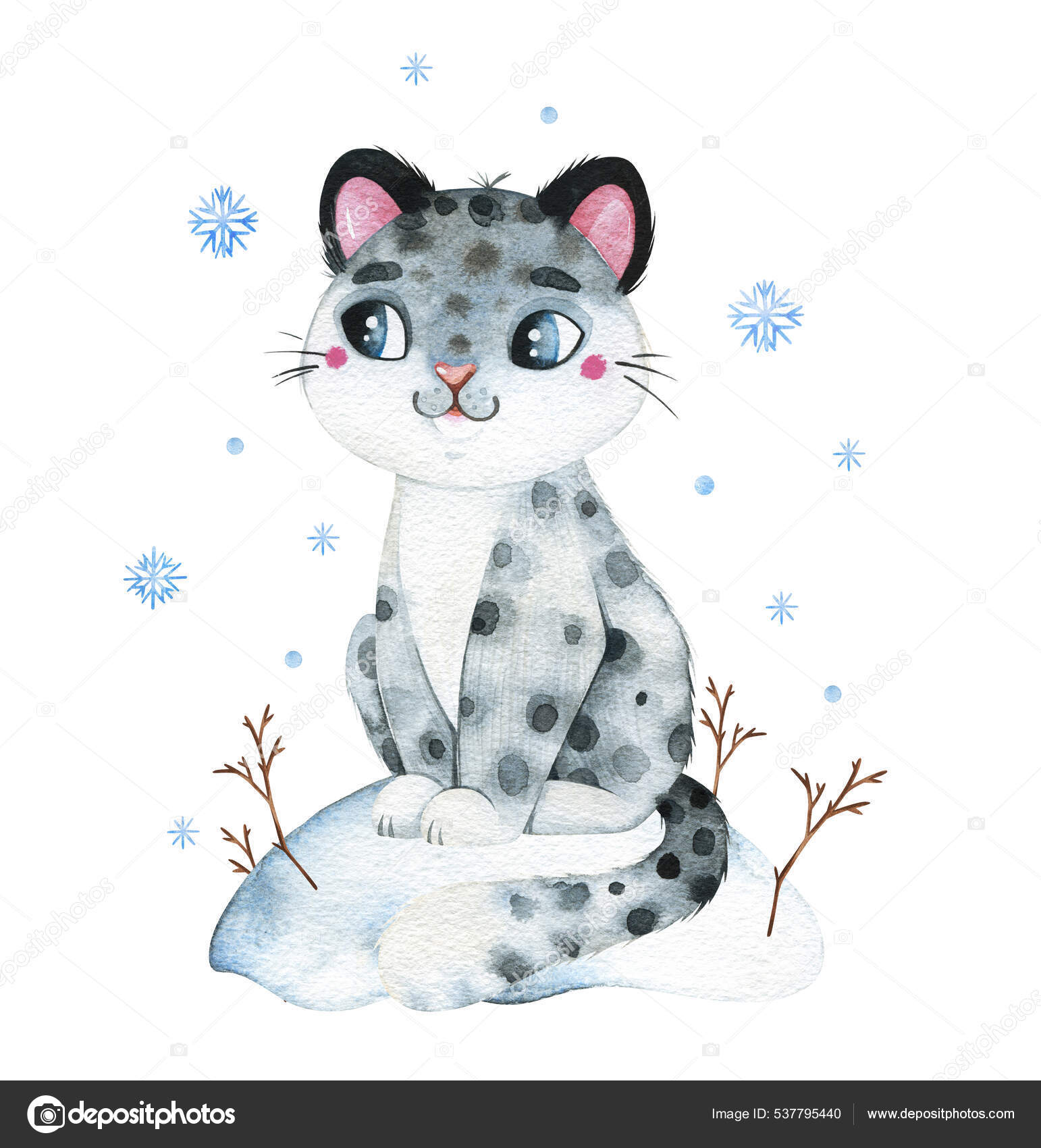 Bonito desenho animado leopardo de neve de natal, pintado à mão com  ilustração de aquarela
